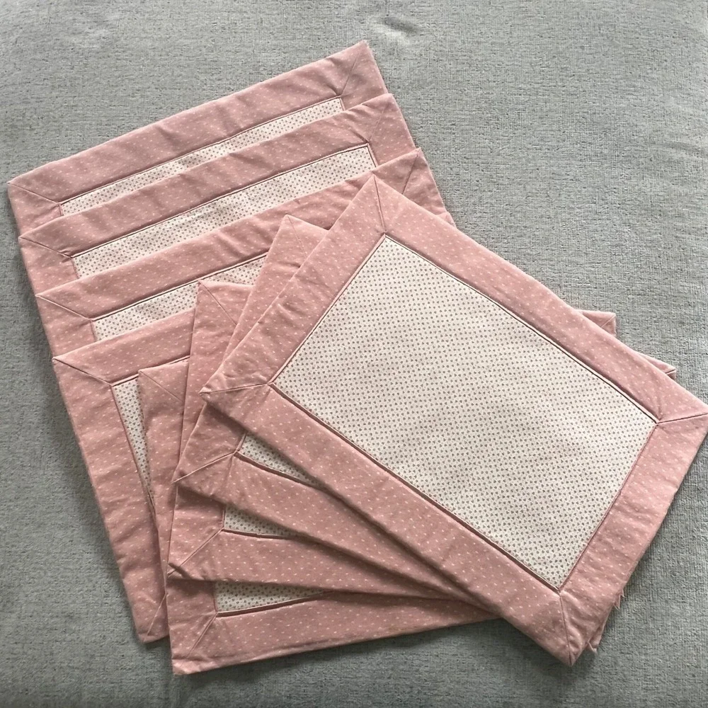 Vintage Handmade Quilted Placemats Set of 8 Pink White Heart Print Cottagecore